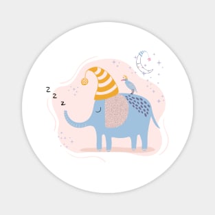 Cute sleeping elephant, bird and moon Magnet